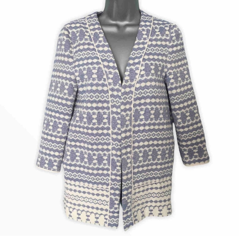 George Women's tapestry SZ 10 US‎ 42 EU Blue and Cream denim Pattern open jacket